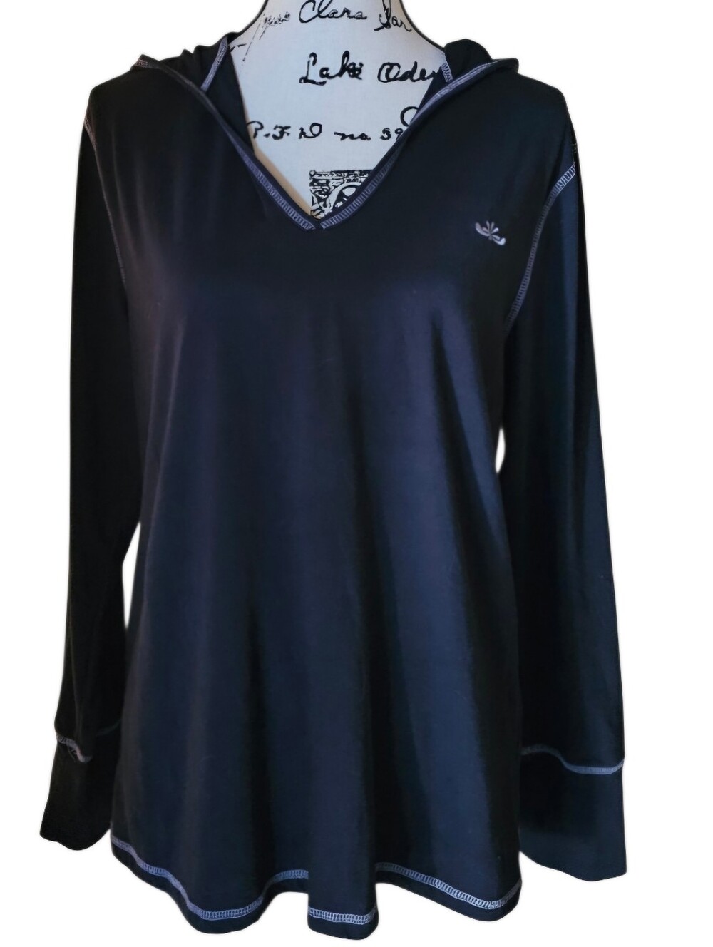 Old Navy Black Hooded V-Neck Long Sleeve Top with Contrast Stitching